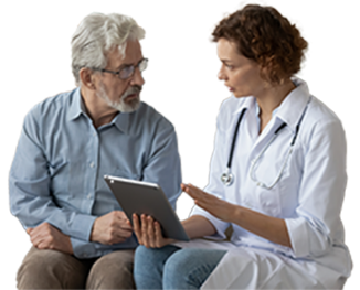 Actor portrayal of an AFib patient discussing AFib detection and diagnosis with his doctor