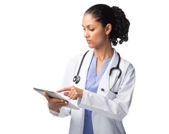 Actor portrayal of a doctor reviewing AFib education materials