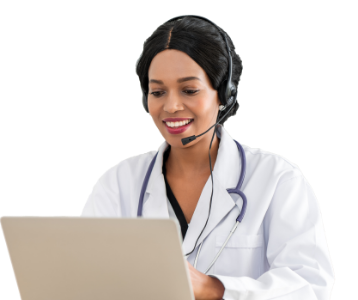 Actor portrayal of a doctor speaking with patients remotely